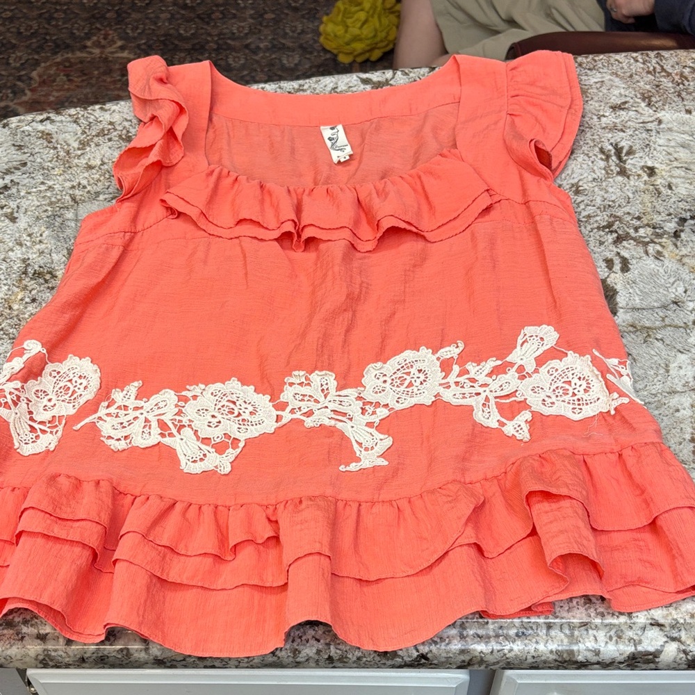 Anthropologie Floreat Coral Ruffle Blouse with White Lace
